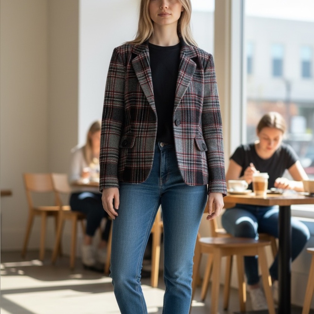 Vintage Talbots Wool Blend Plaid Blazer Womens Size 16p Black Red Preppy Career